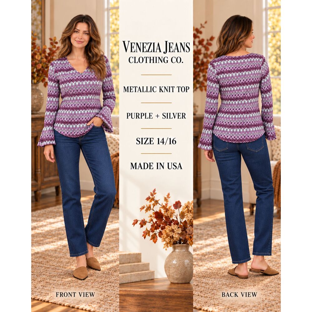 Venezia Jeans Purple Geometric Chevron Print Bell Sleeve Knit Top Womens 14/16